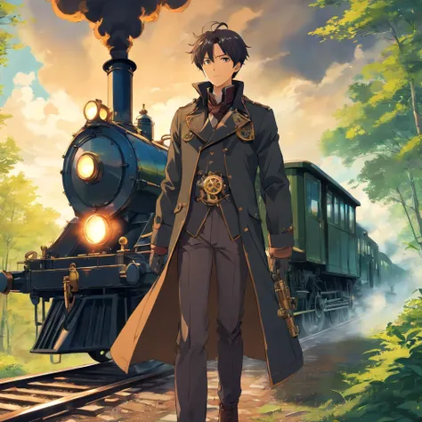 Steampunk Wanderer: Illustrate the man as a steampunk traveller, wearing black military coat. mechanized landscape with steam-powered. steam powered train, armoured train, apocalypse train, forest