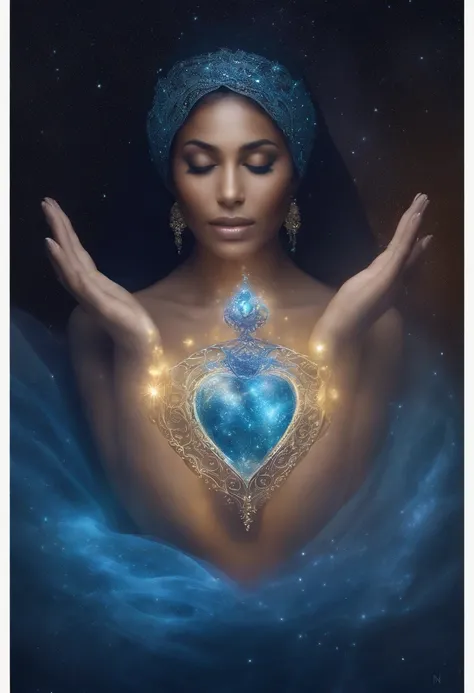 "Por favor, Create an image that represents the fusion of the human heart with the unborn fetus..

Imagine an ethereal and mysterious scenario. no centro da imagem, A human heart shines with a, luz cintilante. The heart seems to be floating in a translucen...