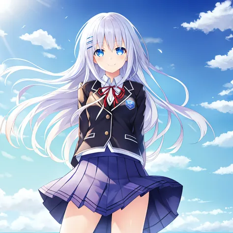 beautiful girl, light smile, open eyes, detailed eyes, school uniform, pretty anime girl, blue sky, morning, long hair, wind, bl...