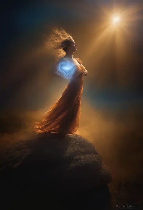 "Por favor, Create an image that represents the fusion of the heart with an unborn baby fetus. Imagine an ethereal and mysterious scenario. no centro da imagem, A human heart shines with a, luz cintilante. The heart seems to be floating in a translucent mi...