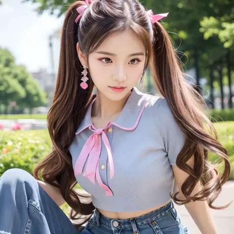 Pretty Korean girl, pretty realistic detailed face , pretty eye detailed, detailed realistic skin, beautiful long wavy hair, v shaped face, wearing grey crop top with baggy jeans, slim waist and nice body , outside a park , highly detailed, ultra realistic...