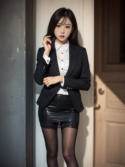 Charming beauties、black pantyhose、Suit jacket、Black tight skirt、beauty legs、Dyed in darkness、lacy fabric