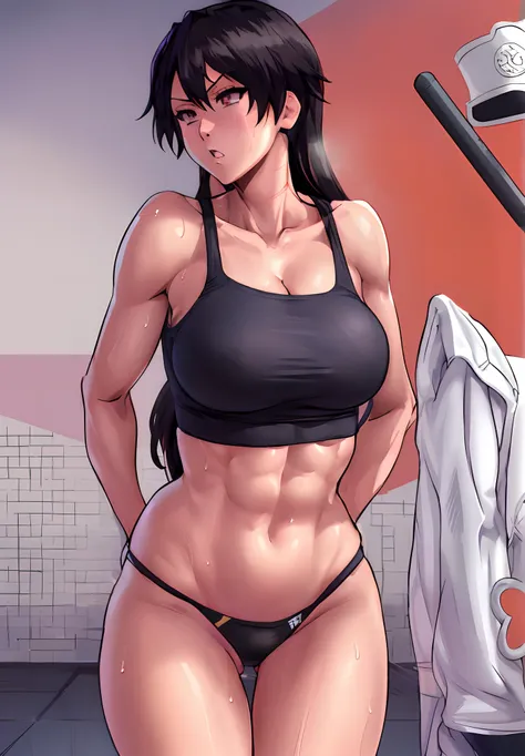 anime girl in a bikini with a baseball bat and a baseball bat, chun li at the gym, muscular sweat lara croft, muscular!, asuka suit under clothes!, thick black lineart, muscular!!, muscular girl, commission for high res, oppai proportions, black and white ...