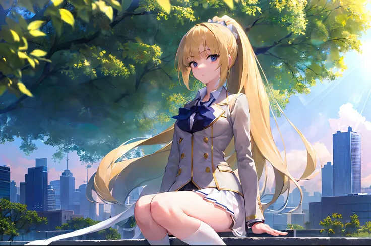 (masterpiece, best quality, excellent quality), ((1girl, solo)), blonde hair, long hair, high ponytail, school uniform, sky, cit...