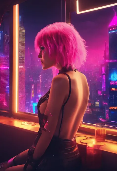 Sexy pink hair with curtain bangs. ((4k)). High res. Extreme detail. Naked in front of window. Extreme detail.