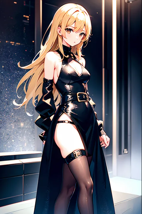 1girl, blond hair almost to the ground, one-piece black leather outfit with a translucent neckline and 4 straps along the front attached to a belt around the nec, short black loose dress, bare shoulders, black stockings ending before the end of the dress, ...