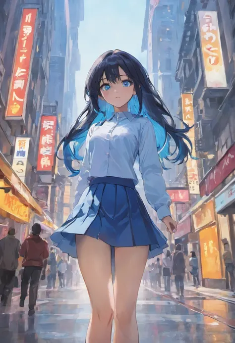 Blue eyes, Masterpiece, Best Quality, 8K, Photographic Reality, Realistic, Octane Rendering, Bustling Urban Streets of CHicago (1 Woman: 1.4), (Only One Woman on the Screen: 1.3), (Blue Shirt), (Long Black Hair), (Hip Wrapped Skirt), (Blue Eyes) Upper Body...