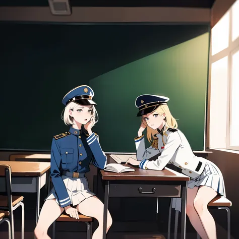 (masterpiece:1.2, best quality), 2girls, young teen, slim, (white military outfit), pleated skirt, military hat, space cadet, sitting by desk in classroom, put head on hand, eyes closed, futuristic, cosmos, watercolor