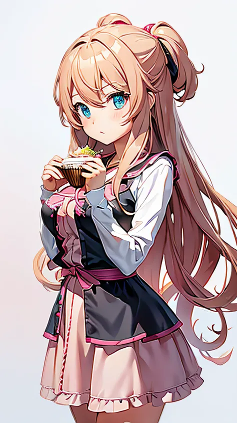 anime girl with long hair and pink dress holding a cupcake, anime girl named Hibiki Hojo, anime girl with long hair, Hibiki Hojo, attractive anime girl, big tits, wearing a short sexy black and pink dress, blue eyes, dark blonde hair