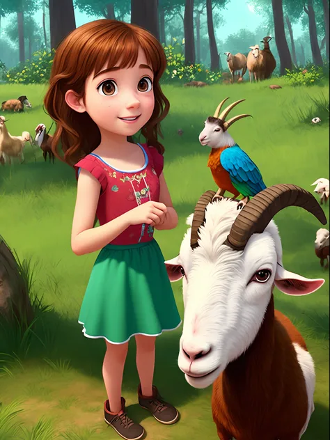 A Pixar-style girl is in the woods with a goat and a parrot, juegan y se divierten mucho