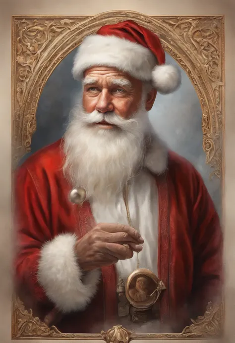 best quality, realistic, photorealistic, award-winning illustration, (intricate details: 1.2), (delicate detail), (intricate details), vintage santa Claus with white hair sitting down looking at camera, a photorealistic painting by Mac Conner, pexels, real...