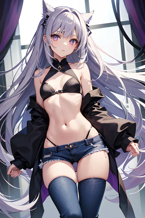 Girl 170cm, thin waist, purple eyes, long silver hair, medium hips, small breasts, jeans, top, no clothes