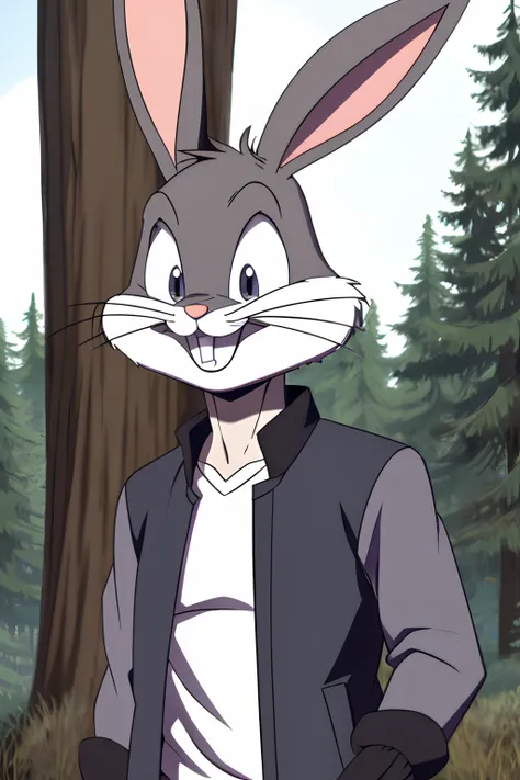 gloves, male, solo, bugs bunny, rabbit, buckteeth, forest, long ears, grey body, grey fur, white fur,furry,anime style, anime screencap, 2000s_(style), grin, forest, upper body, short-sleeved jacket with white lining