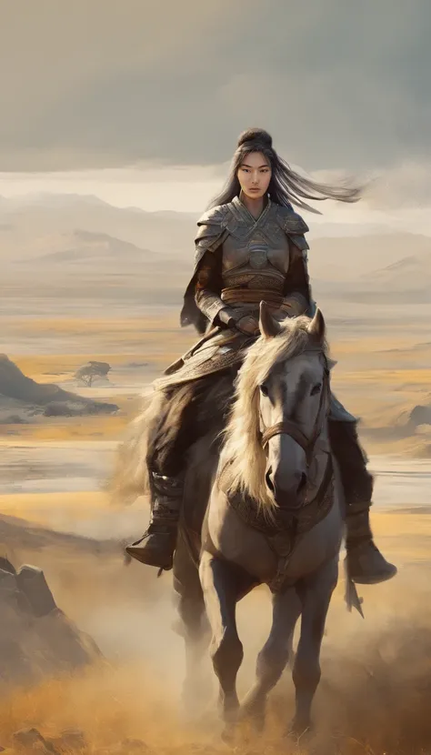 beautiful womens of the Mongol Empire, on horseback and ready to hunt, in a vast, open, landscape, hyper-realistic