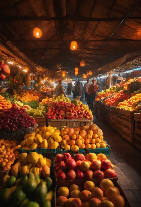 Colorful market, Exotic fruits and sunlight passing through the stalls, Create a warm and lively atmosphere. Realstic, Best quality, 8K Photo-Realistic, (Best quality:1.1), Masterpiece, (Realstic:1.1), photo-realistic