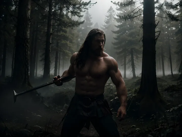 (masterpiece) Close-up of a dynamic action battle scene of an extraordinarily strong and heavenly masculine viking warrior fighting a battle in the heart of a foggy forest at sunrise, intense, dramatic epic pose, palpable ethereal ambience, atmospheric dep...