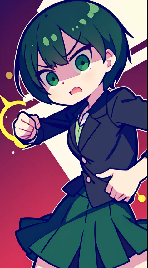 Girl with short green and black hair wearing skirt and formal clothes，Strike angry fighting stances