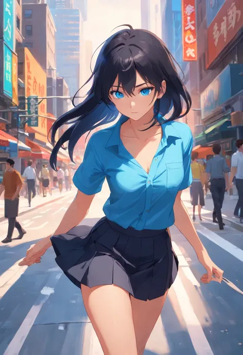 Blue eyes, Masterpiece, Best Quality, 8K, Photographic Reality, Realistic, Octane Rendering, Bustling Urban Streets of CHicago (1 Woman: 1.4), (Only One Woman on the Screen: 1.3), (Blue Shirt), (Long Black Hair), (Hip Wrapped Skirt), (Blue Eyes) Upper Body...