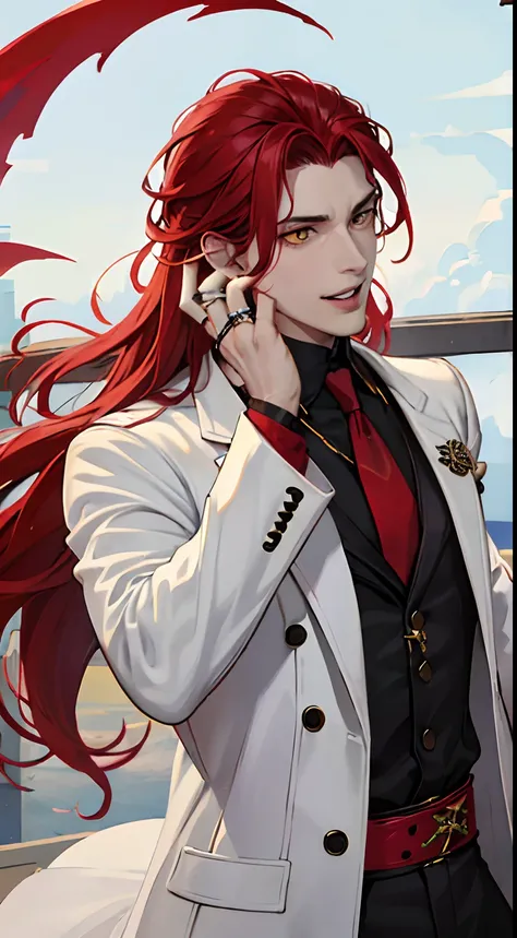 A 28-year-old man with scarlet hair, Yellow eyes, hands on the face, White jacket, maniacal gaze, hand on cheek, finger rings, rabies, bloods, laughter