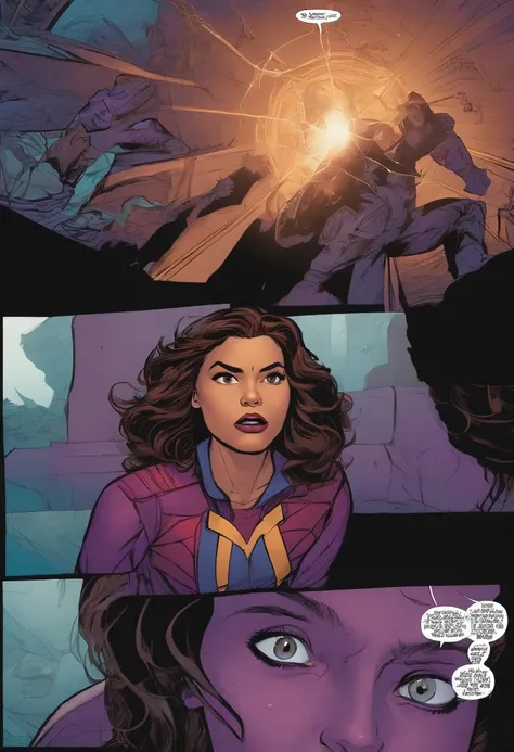 Marvel Comic Panel, 15 year old Mexican-American girl with medium length brown wavy hair, Tan skin, brown eyes, purple Spider-Man suit, screaming in anger with tears rolls down her face.