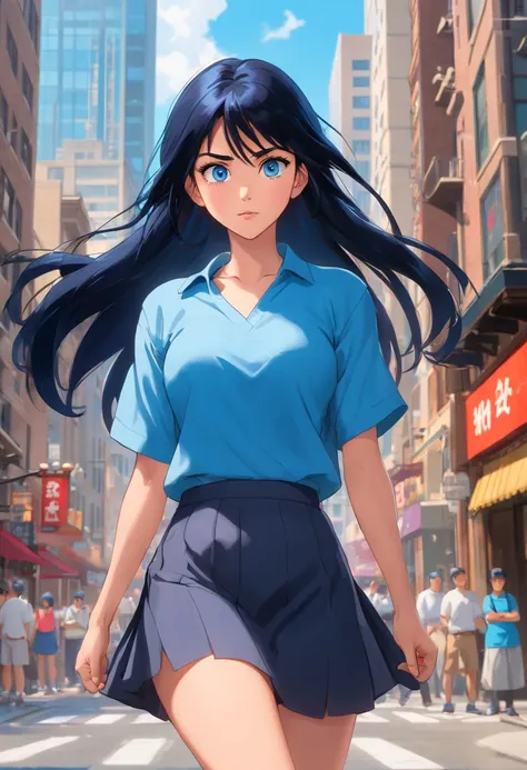 Blue eyes, Masterpiece, Best Quality, 8K, Photographic Reality, Realistic, Octane Rendering, Bustling Urban Streets of CHicago (1 Woman: 1.4), (Only One Woman on the Screen: 1.3), (Blue Shirt), (Long Black Hair), (Hip Wrapped Skirt), (Blue Eyes) Upper Body...