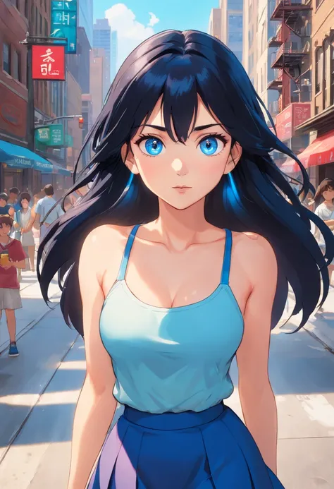 Blue eyes, Masterpiece, Best Quality, 8K, Photographic Reality, Realistic, Octane Rendering, Bustling Urban Streets of CHicago (1 Woman: 1.4), (Only One Woman on the Screen: 1.3), (Blue Shirt), (Long Black Hair), (Hip Wrapped Skirt), (Blue Eyes) Upper Body...