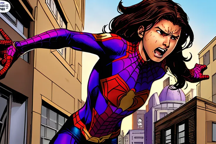 Marvel Comic Panel, 15 year old Mexican-American girl with medium length brown wavy hair, Tan skin, brown eyes, purple Spider-Man suit, screaming in anger with tears rolls down her face.