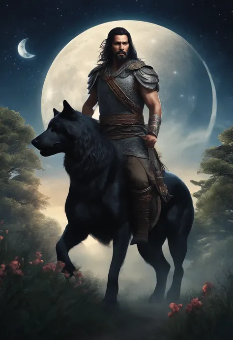 high quality, 8K Ultra HD, ultra-realistic and highly detailed starry sky, shooting star, midnight, detailed shadow illustration of a Celtic warrior with long black hair and short beard, walking along a path full of flowers and bushes looking at the starry...