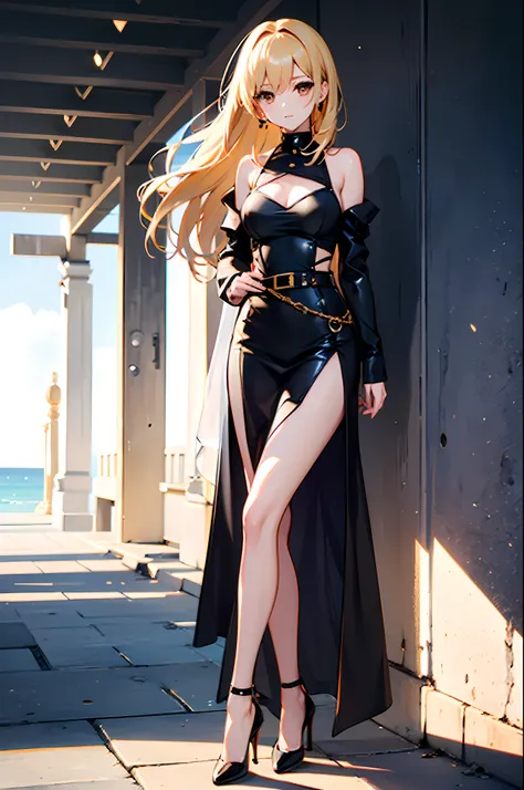 1girl, blond hair almost to the ground, one-piece black leather outfit with a translucent neckline and 4 straps along the front attached to a belt around the nec, short black loose dress, bare shoulders, black stockings ending before the end of the dress, ...