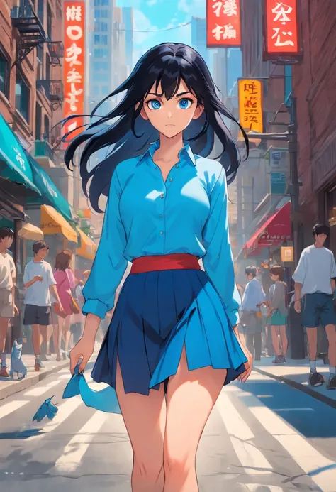 Blue eyes, Masterpiece, Best Quality, 8K, Photographic Reality, Realistic, Octane Rendering, Bustling Urban Streets of CHicago (1 Woman: 1.4), (Only One Woman on the Screen: 1.3), (Blue Shirt), (Long Black Hair), (Hip Wrapped Skirt), (Blue Eyes) Upper Body...