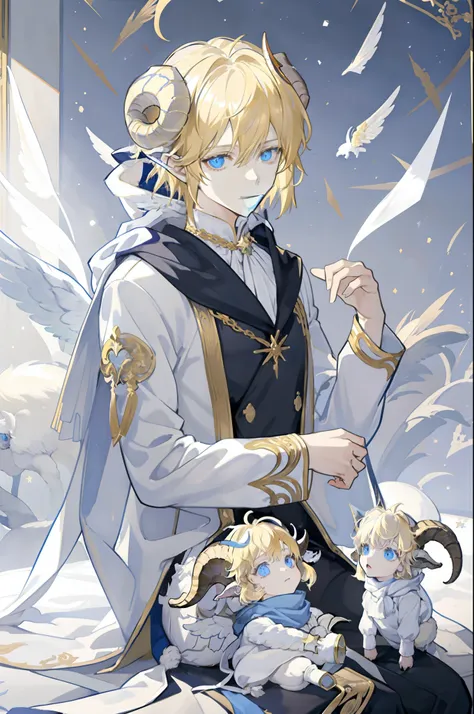 masterpiece, best quality, Cherub boy, eyes goat, with goat ears and horns, Messy anime middle part hair, Blonde boy, emotionless face, White royal knight golden clothing, White winter scarf, Wings, Stars Aura.