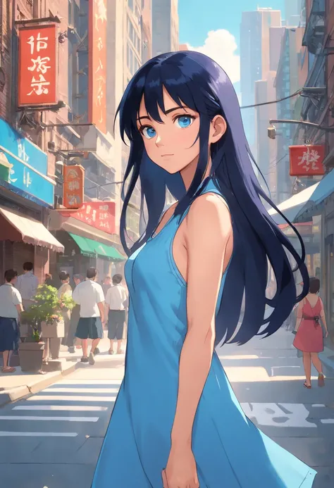 Blue eyes, Masterpiece, Best Quality, 8K, Photographic Reality, Realistic, Octane Rendering, Bustling Urban Streets of CHicago (1 Woman: 1.4), (Only One Woman on the Screen: 1.3), (Blue Sundress), (Long Black Hair), (Blue Eyes) Upper Body Display (Asian-Am...