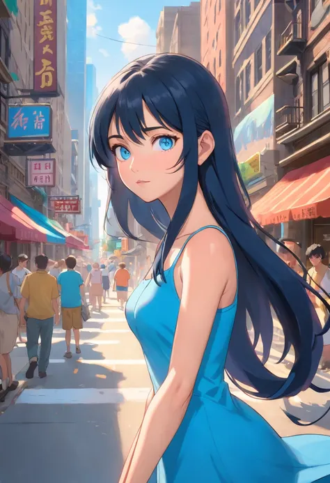 Blue eyes, Masterpiece, Best Quality, 8K, Photographic Reality, Realistic, Octane Rendering, Bustling Urban Streets of CHicago (1 Woman: 1.4), (Only One Woman on the Screen: 1.3), (Blue Sundress), (Long Black Hair), (Blue Eyes) Upper Body Display (Asian-Am...