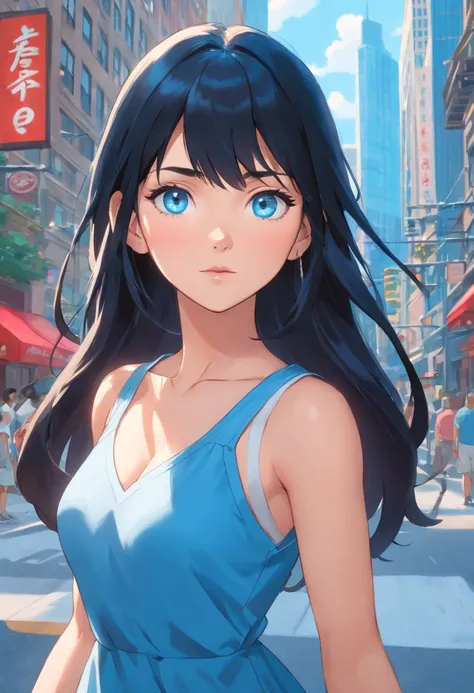 Blue eyes, Masterpiece, Best Quality, 8K, Photographic Reality, Realistic, Octane Rendering, Bustling Urban Streets of CHicago (1 Woman: 1.4), (Only One Woman on the Screen: 1.3), (Blue Sundress), (Long Black Hair), (Blue Eyes) Upper Body Display (Asian-Am...