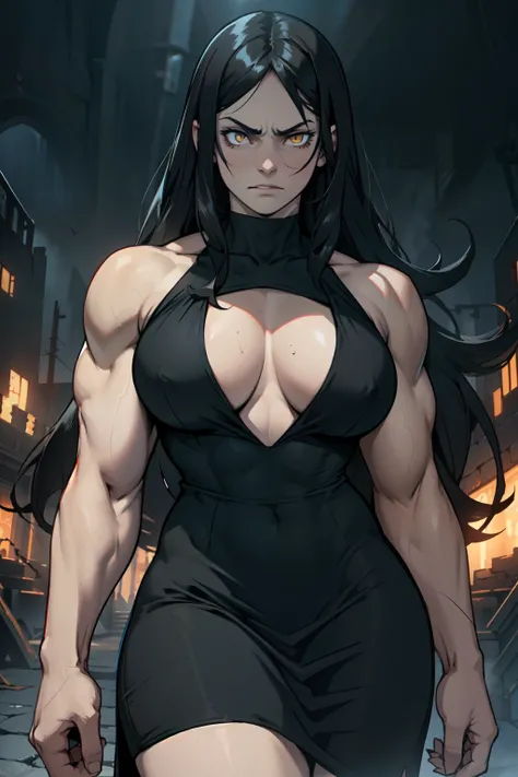 pale skin muscular toned body bodybuilder huge breasts black hair yellow eyes angry 1girl long black dress cowboy shot very long hair kingdom hall background dark atmosphere