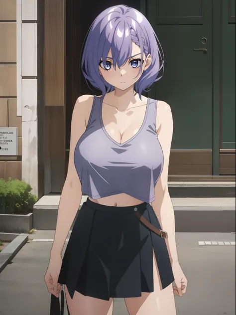 luna,1girl,solo,short hair, purple hair, blue eyes, medium breasts , Standing tall pose ,Knit tank top, high-waisted shorts, espadrilles , A-line skirt , Street,(( cowboy shot)), beautiful, huge breast, cleavage, front view, nude