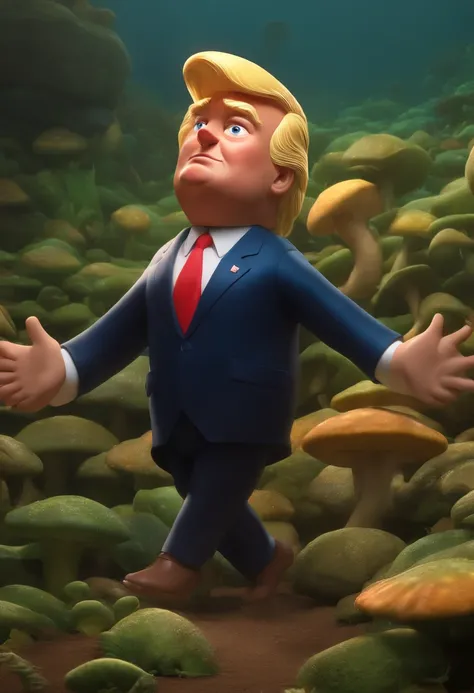 (melhor qualidade, obra-prima:1.3), (hiperrealismo:1.2), donald trump, cute, giant musrhooms, fantasy, pixar, masterpiece, running from the joe biden, animated movie