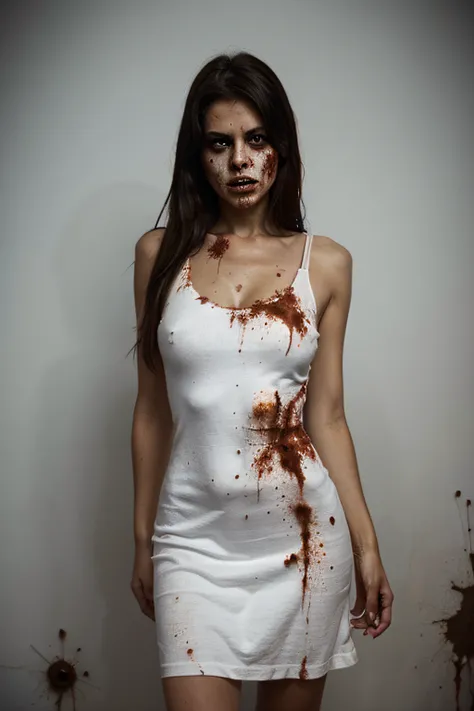 chica de vestido largo color blanco, gore, zombie, mostruo