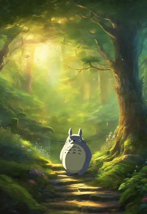 (highest resolution, distinct_image) best quality), My neighbor totoro characters, masterpiece, high detail,realistic, majestic and mighty, themed in the style of an 80s dark fantasy movie, magical, in a forest ((with perspective mirror))