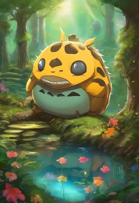 (highest resolution, distinct_image) best quality), My neighbor totoro characters, masterpiece, high detail,realistic, majestic and mighty, themed in the style of an 80s dark fantasy movie, magical, in a forest ((with perspective mirror))