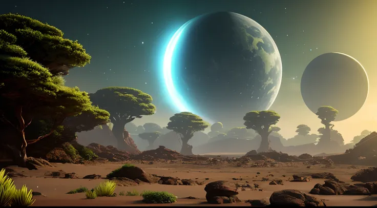 Outer Rim Alien Planet, with lush vegetation. Ambiente visualmente intrigante, com sombras profundas e respingos de luzes brilhantes para intensificar a atmosfera de suspense. As cores devem ser ricas e contrastantes, Catching the viewers attention. This i...