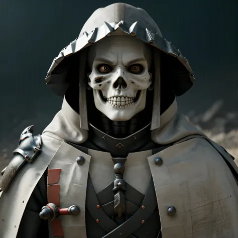 Samurai skeleton, white eyes, cape, war landspace, 8k, 3d, ultra realistic.