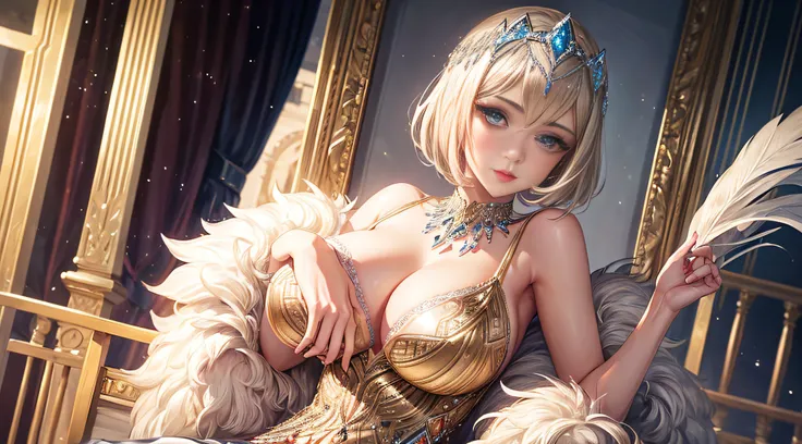 Glamorous Gatsby-Inspired Portraits: Create elegant and timeless portraits of a Flapper with large breast in full Gatsby attire, complete with a sequined dress and feathered headband.