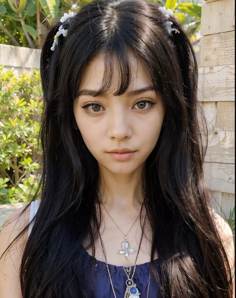 Araffe asian girl with long black hair wearing a necklace and a necklace, Ulzzang, Ela tem cabelo preto com franja, com cabelos longos e olhos penetrantes, cruel korean goth girl, preto hime corte cabelo, O corte Hime, branco hime corte penteado, cabelo pr...