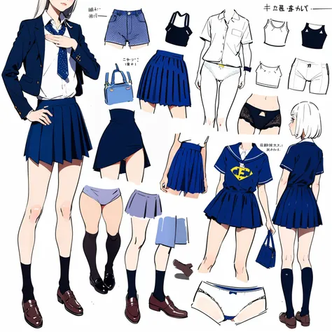 (superflat, flat shading, flat colors), Ikea assembly instruction for a schoolgirl, text, loli, school uniform, panties, watercolor