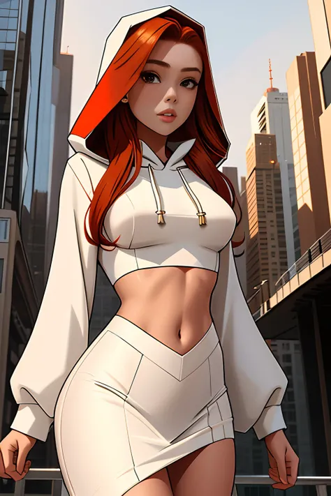 girl with auburn colored hair, wearing long sleeve white dress with hood, midriff exposed, giantess, 500 meters tall, in modern city, small breasts