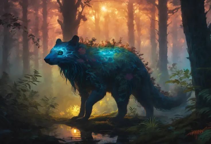 A misty forest scene with vibrant bioluminescent plants, casting an otherworldly glow as the sun sets. An animal, half hidden in the shadows, watches curiously