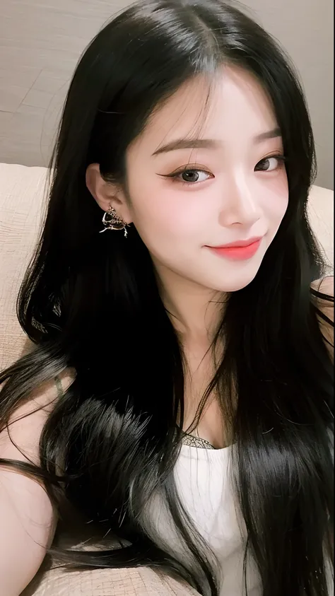 a close up of a woman with long black hair sitting on a couch, Ulzzang, Jinyoung Canela, Jaeyeon Nam, dilraba dilmurat, Heonhwa Choe, Dom Yunjoo, Parque Ji-min, Lee Ji - Eun, Lee Ji-eun, Jisoo do Blackpink, cruel korean goth girl, jennie blackpink, tzuyu d...