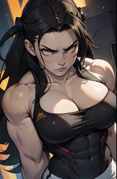 pale skin solo 1 girl black hair yellow eyes angry very long hair large breasts bodybuilder close up