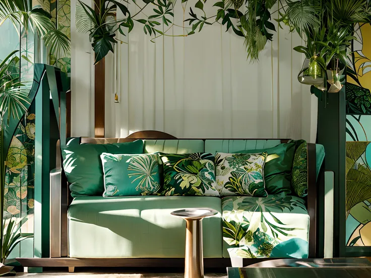 Botanical pattern blending mid century modern style and art nouveau in modern interior deco colors